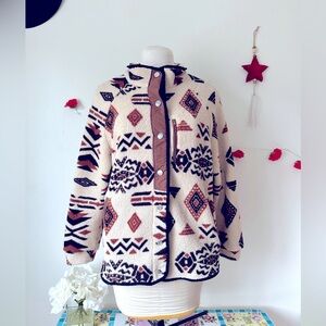 Aztec Tribal Cream Brown Sherpa Coat Shacket L